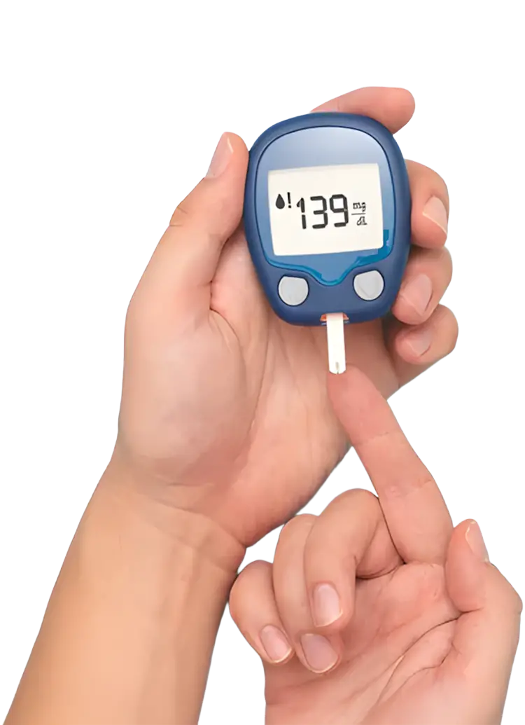 Hand holding a blood glucose meter; illustrative image