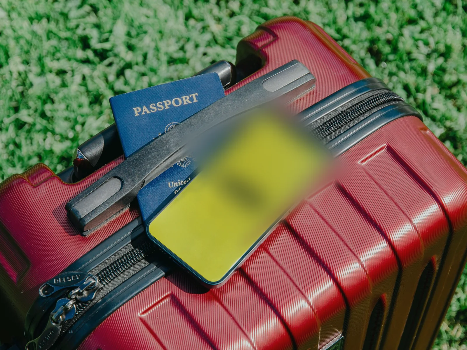 Red carry-on suitcase with a passport and phone